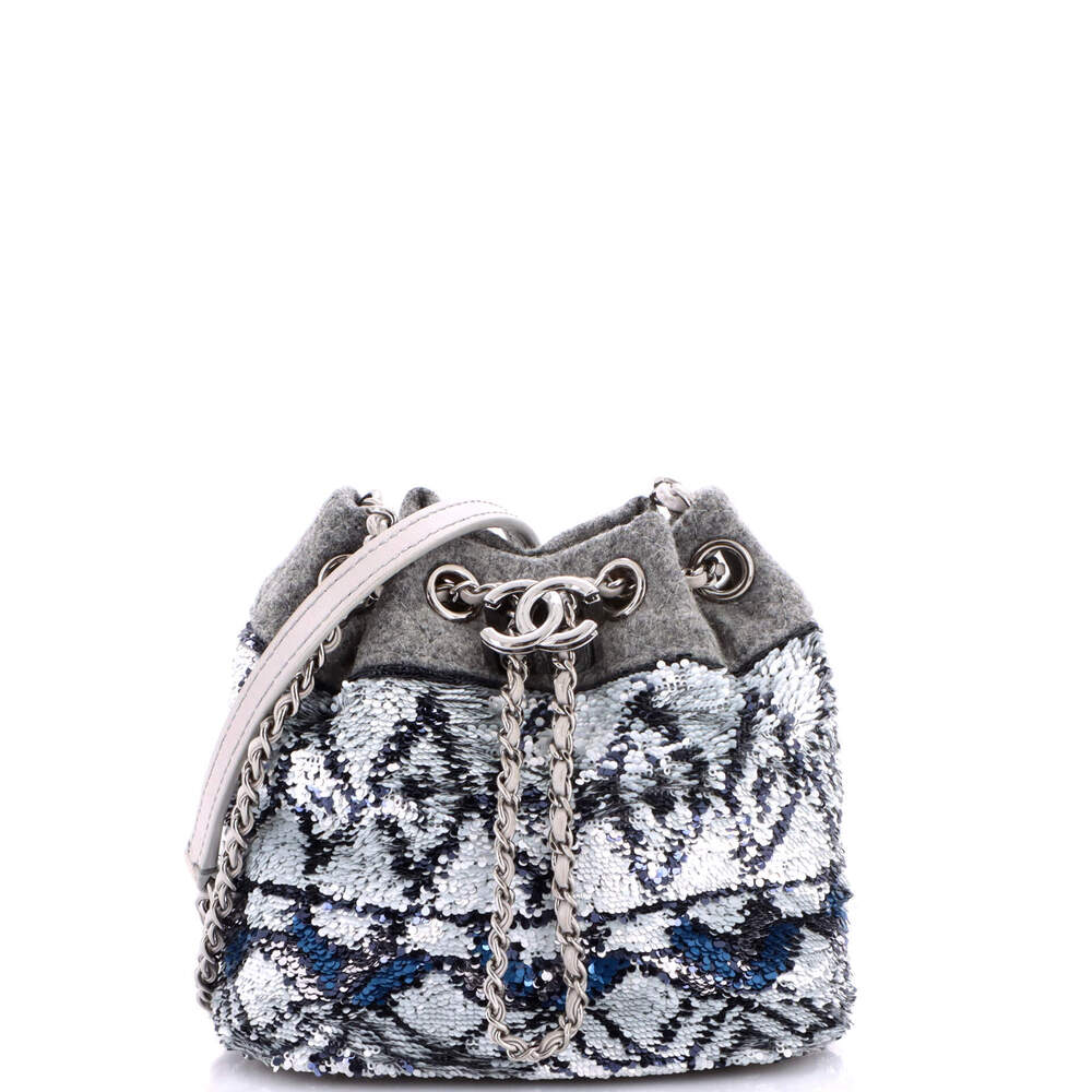Chanel Mini CC Chain Drawstring Bucket Bag Quilted Wool and Sequins